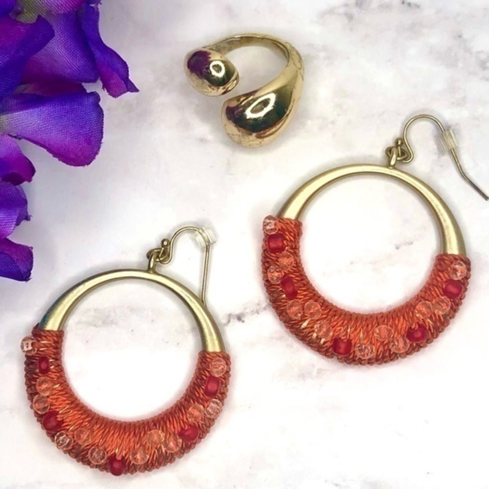 CHICOS GOLD TONE RING AND EMBELLISHED RED HOOP EARRINGS